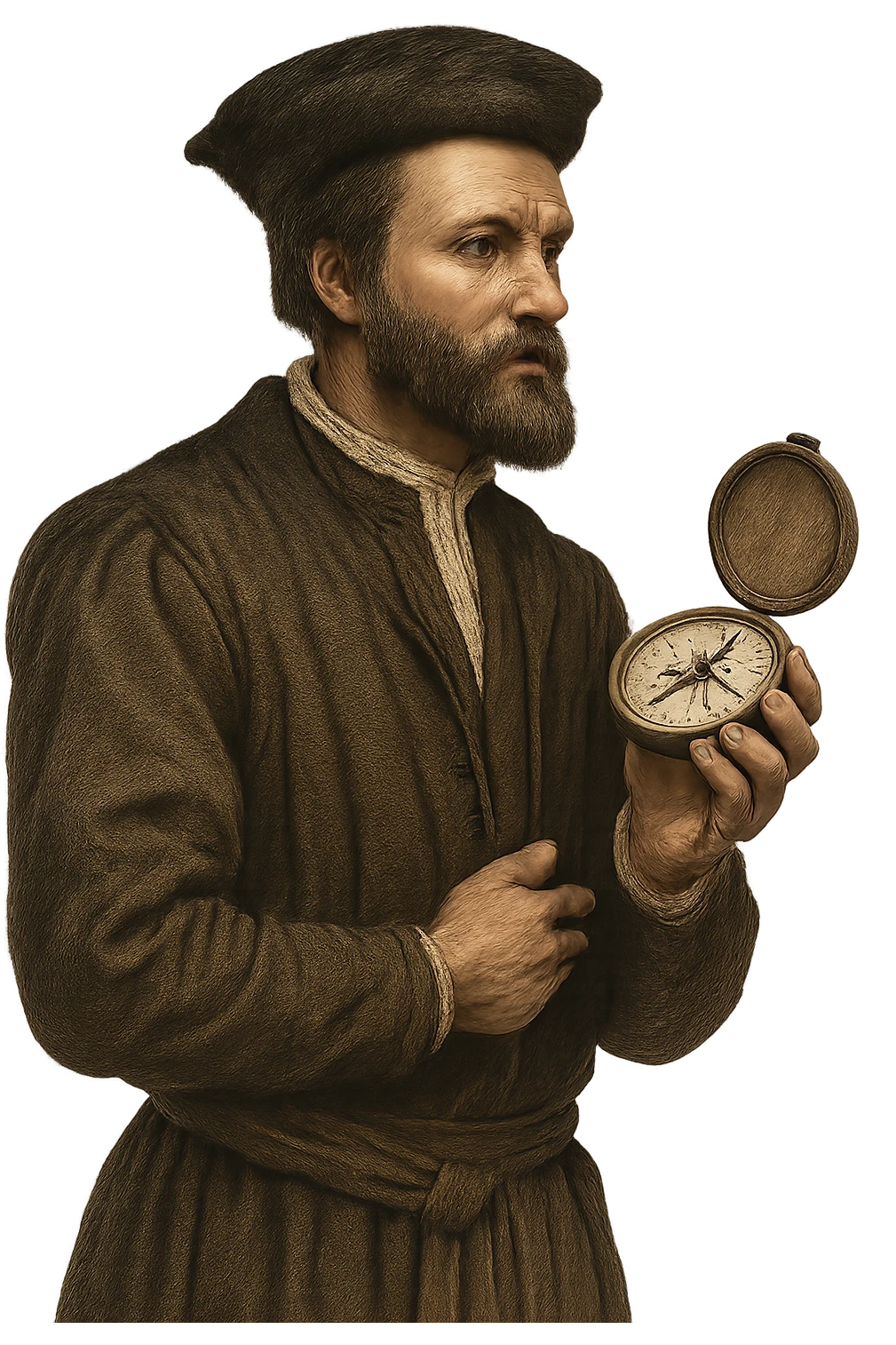 Jacques Cartier, French explorer, with a compass in hand, classic explorer hat, 16th-century style, no background emoji