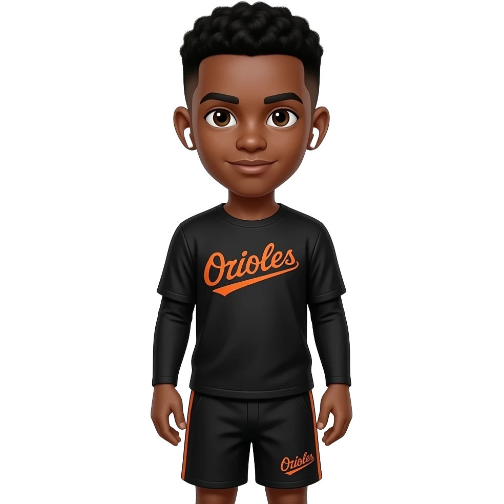 make a cute 22 year old boy who’s skin color is black with a black low taper fade in black long sleeve with orioles in orange with the same for the shorts but on the side, the long sleeve should say orioles in the middle with airpods in emoji
