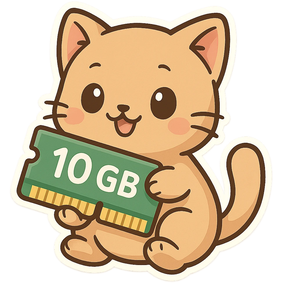 a cute cat holding a RAM stick marked '10 GB', cartoon style, adorable and playful emoji