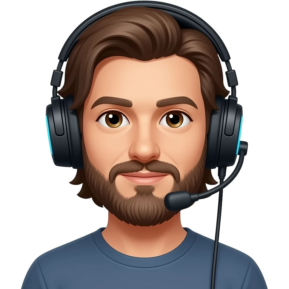 casque jeux , homme, cheveux mi-long, brune, barbu emoji