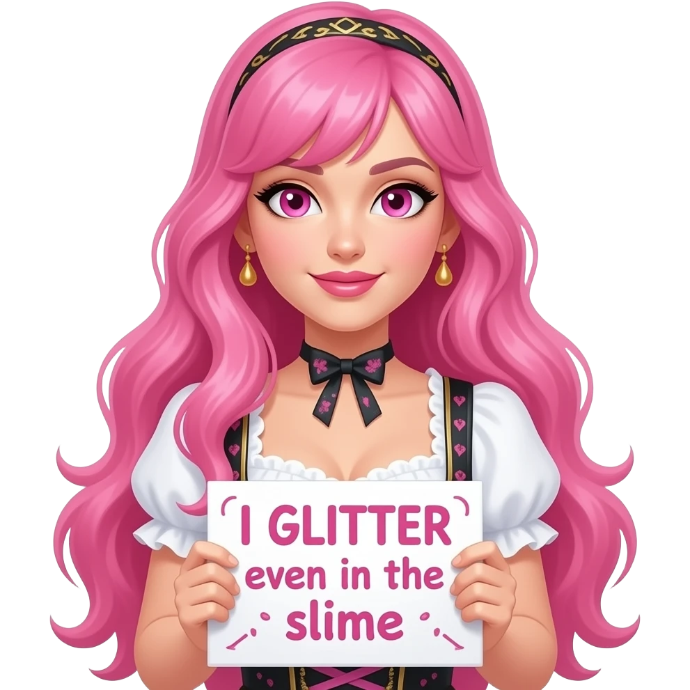 sexy girl with long pink hair and pink eyes wearing a dirndl holding a ICH GLITZER auch im SCHLAMM sign emoji