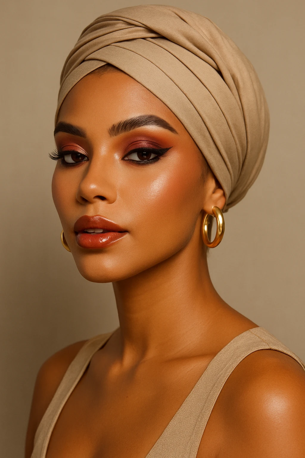 a tanned skin woman with a modern headscarf and glamorous makeup, stylish look emoji