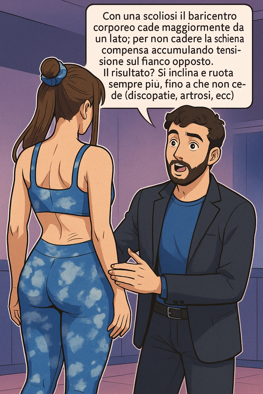 fai questa immagine in versione manga/webtoon a colori, il manga mostra la donna di spalle, mentre l'uomo le tocca la spina dorsale per spiegarle come funziona la scoliosi:
Con una scoliosi il baricentro corporeo cade maggiormente da un lato; per non cadere la schiena compensa accumulando tensione sul fianco opposto.
Il risultato? Si inclina e ruota sempre più, fino a che non cede (discopatie, artrosi, ecc) emoji