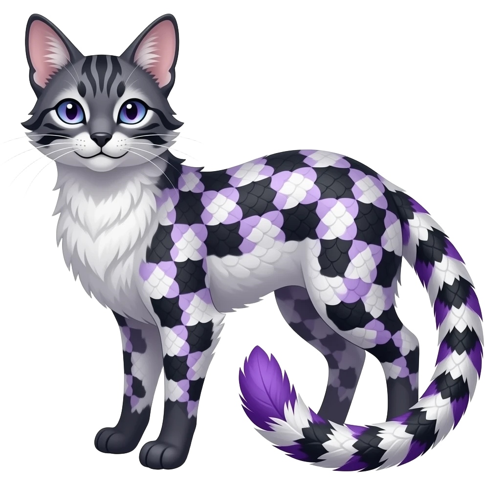 Herringbone-patterned gingham-patterned feathery elegant realistic Furry, feathery fluffy tropical flecked painted feathery scaly, Purple, white, black, Minccino-Bambino-Lykoi-Linoone-Zangoose-fusion-hybrid-animal-Fakémon-creature, full body, thin long sleek scaly tail, intricate markings emoji
