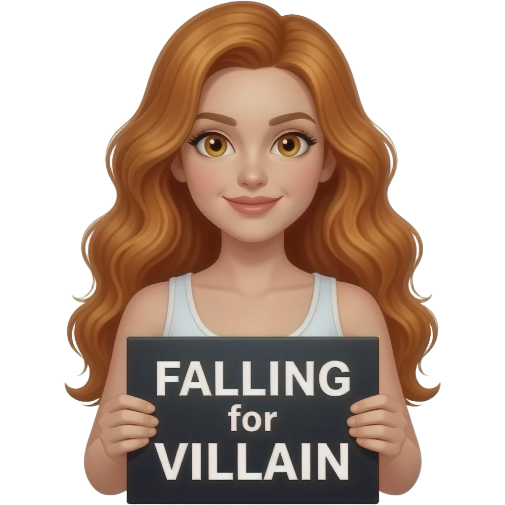 sexy girl with long wavy ginger hair and ginger eyes wearing a white tanktop is holding a black colored sign with FALLING for the VILLAIN written on it emoji