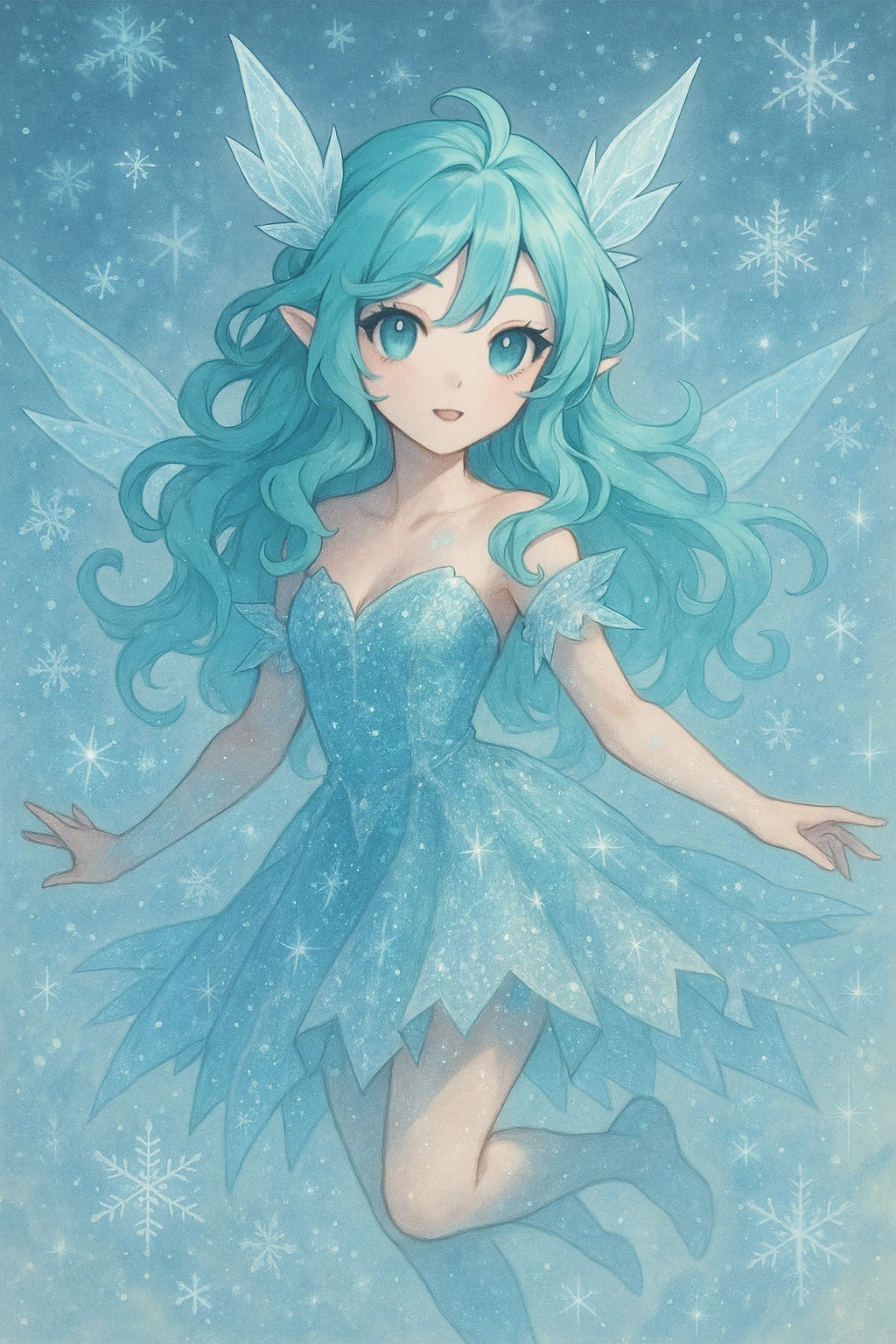 ice fairy with aqua-colored eyes and hair, sparkling icy dress, floating, whimsical, fantasy style emoji