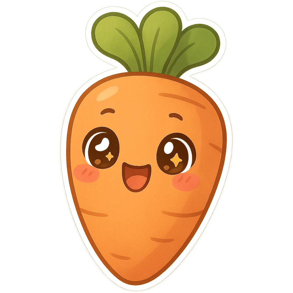 chibi sticker-style carrot, cute and exaggerated, with a big smile and sparkling eyes emoji