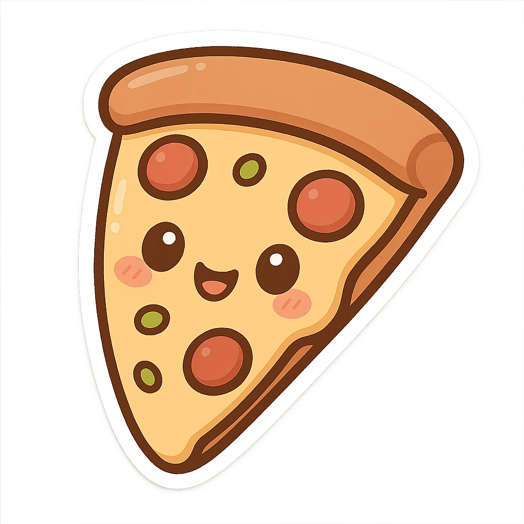 chibi sticker-style slice of pizza with a smiling face, cute and exaggerated emoji