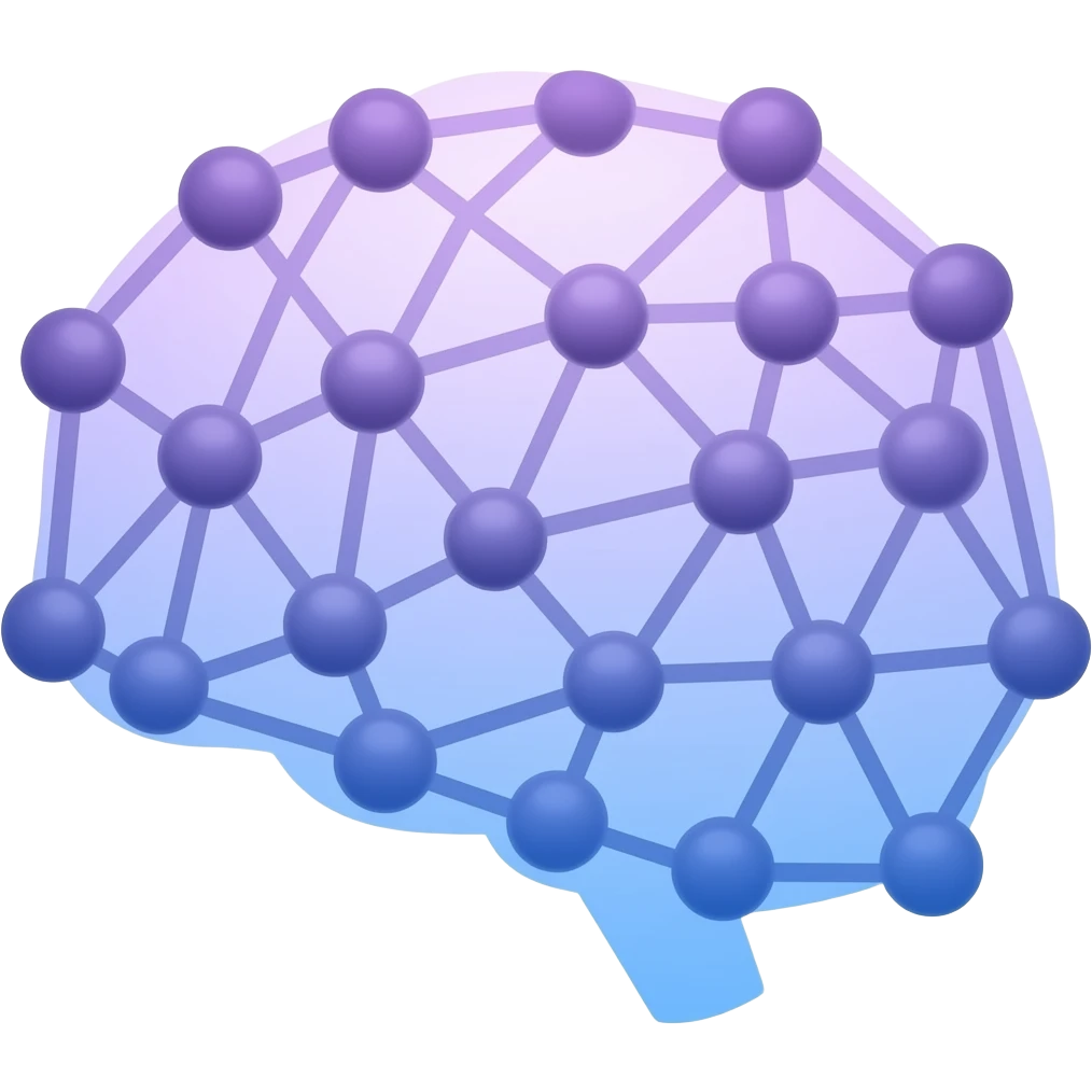 Minimalist flat design icon of interconnected nodes forming an abstract geometric shape, symbolizing artificial intelligence and neural networks, clean lines, modern style, gradient colors (purple to blue), no text, transparent background emoji