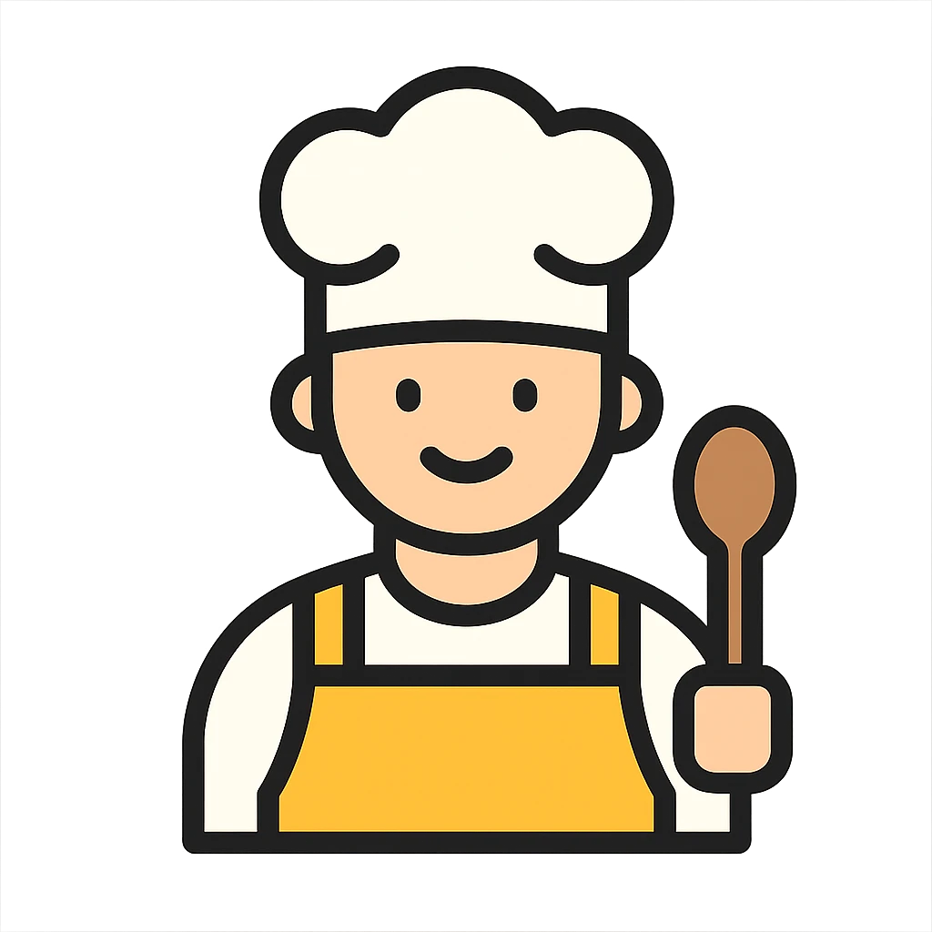 chef icon with chef hat and apron holding a spoon, clean and modern style emoji
