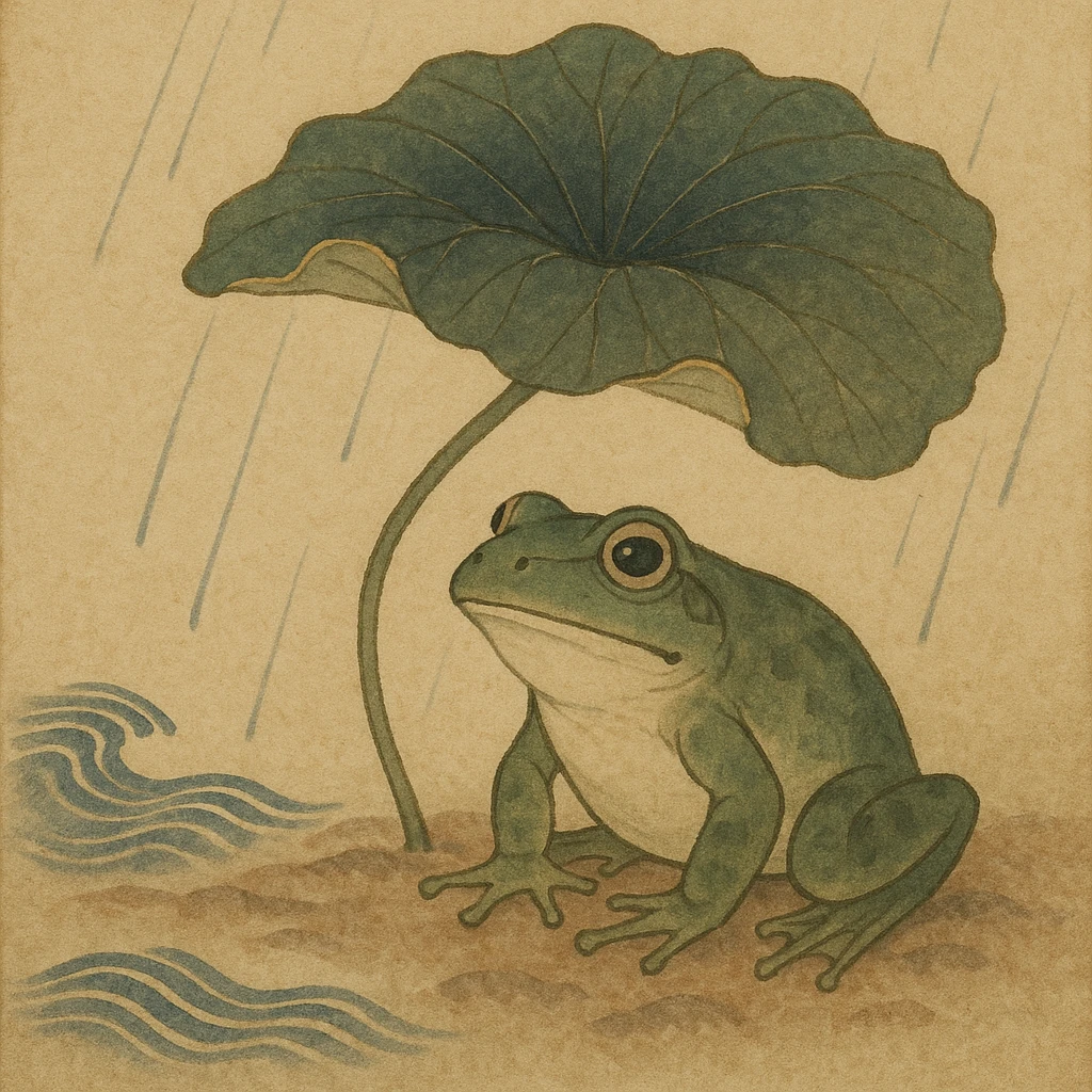 frog hiding under leaf umbrella emoji