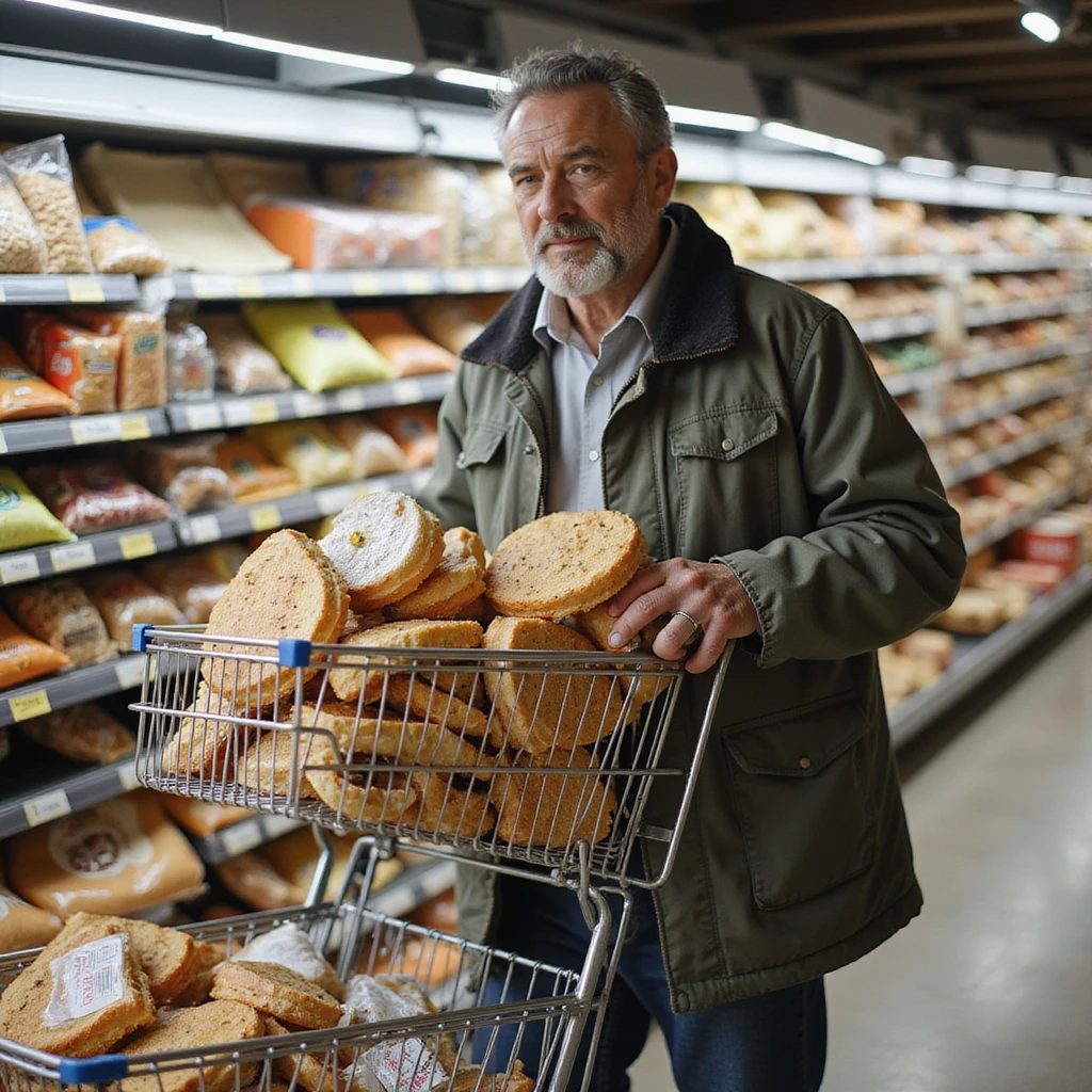 Uomo che fa la spesa al supermercato, carrello pieno di cibi confezionati, snack e bevande zuccherate, testo in italiano: 'Scelte automatiche'. emoji