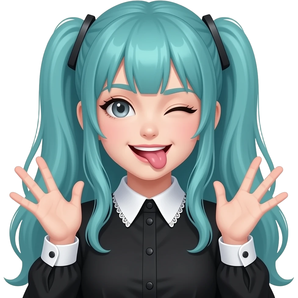 girl, winking, tongue out, silly hands, long flowing teal hair, grey eyes, black shoulder cyberpunk blouse with fancy white collar emoji