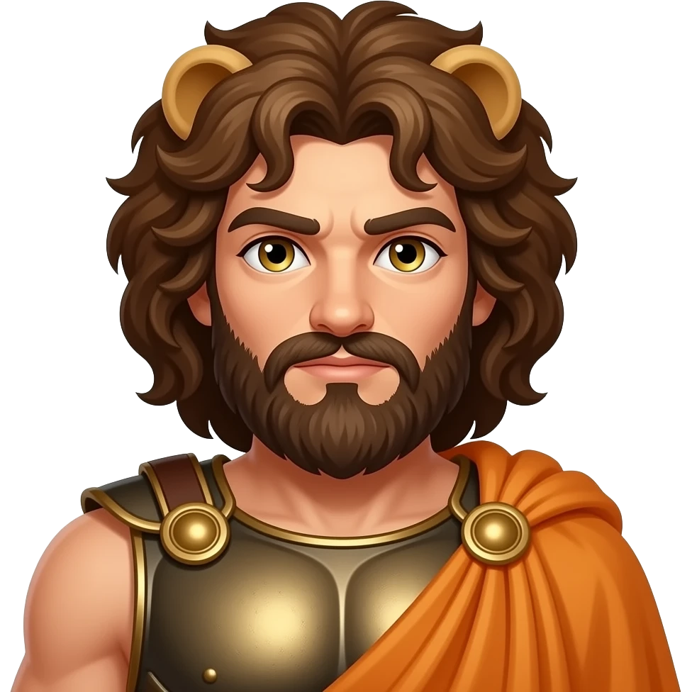 Hercules from Roman Mythology with gold eyes, dark brown bearded thick curls hair, lion skin hood, bronze breastplate, ochre cloak emoji