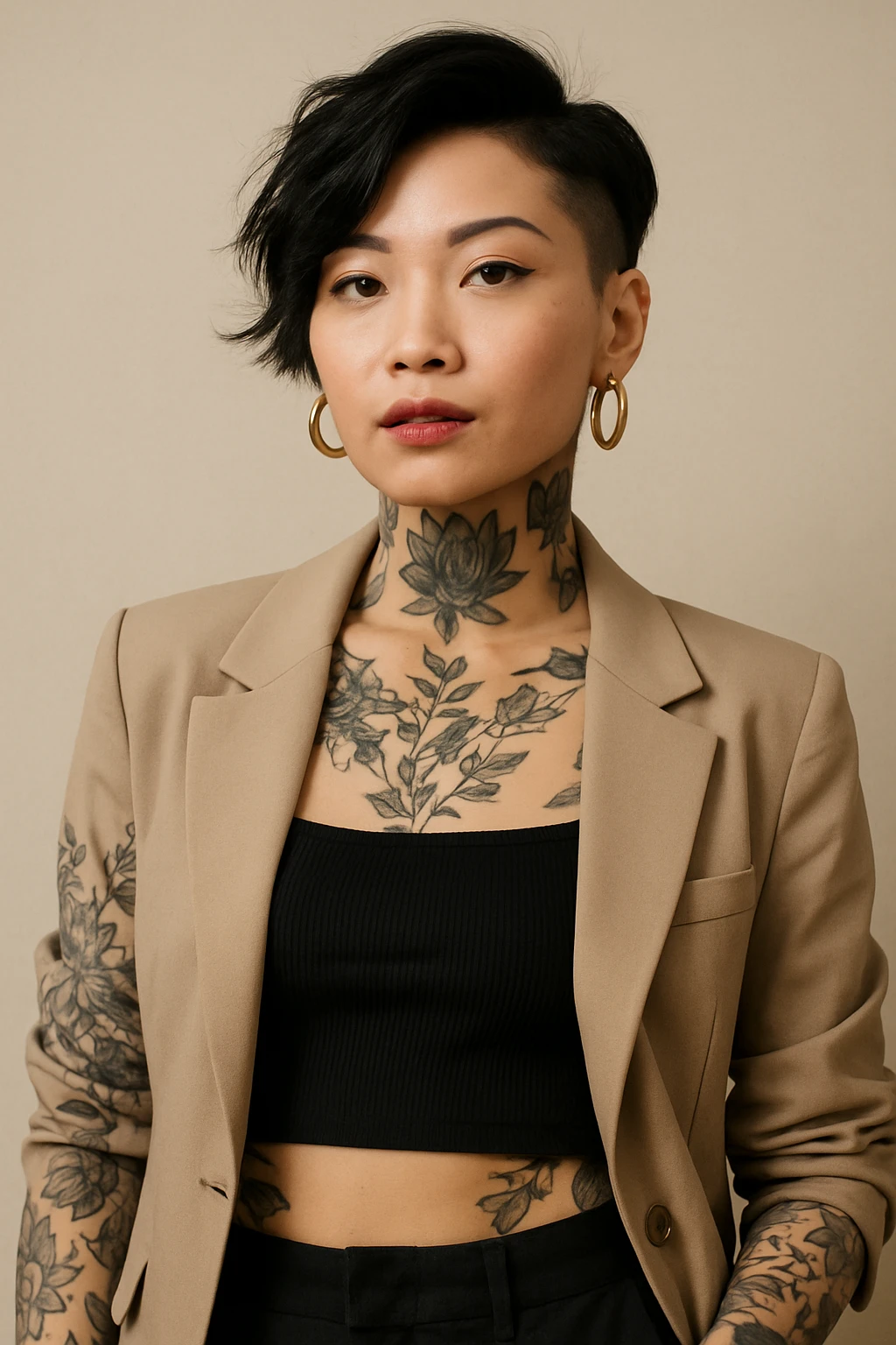 upper body portrait of an asian woman with visible tattoos, stylish and confident emoji