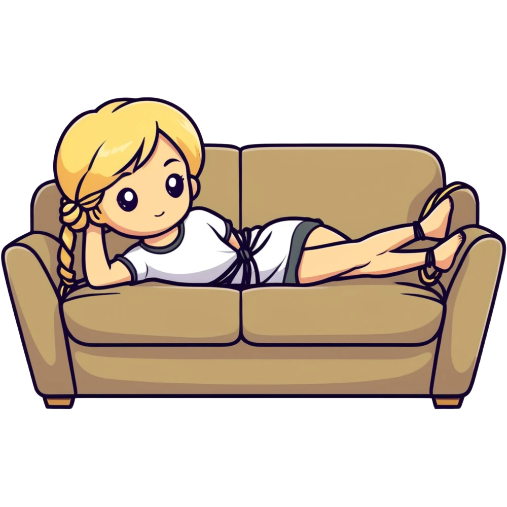 Blonde girl, tied in rope, on sofa emoji