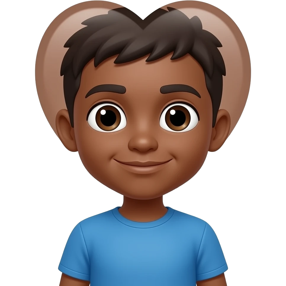 A boy with a blue shirt and a heart as a head with brown skin color emoji