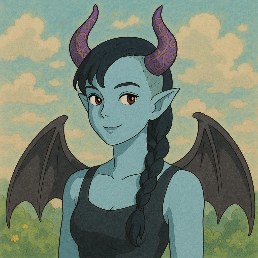 1 female, incubus, light blue skin, black hair, long braid, side of her head is shaved. Purple horns carved with inlay pattern. emoji