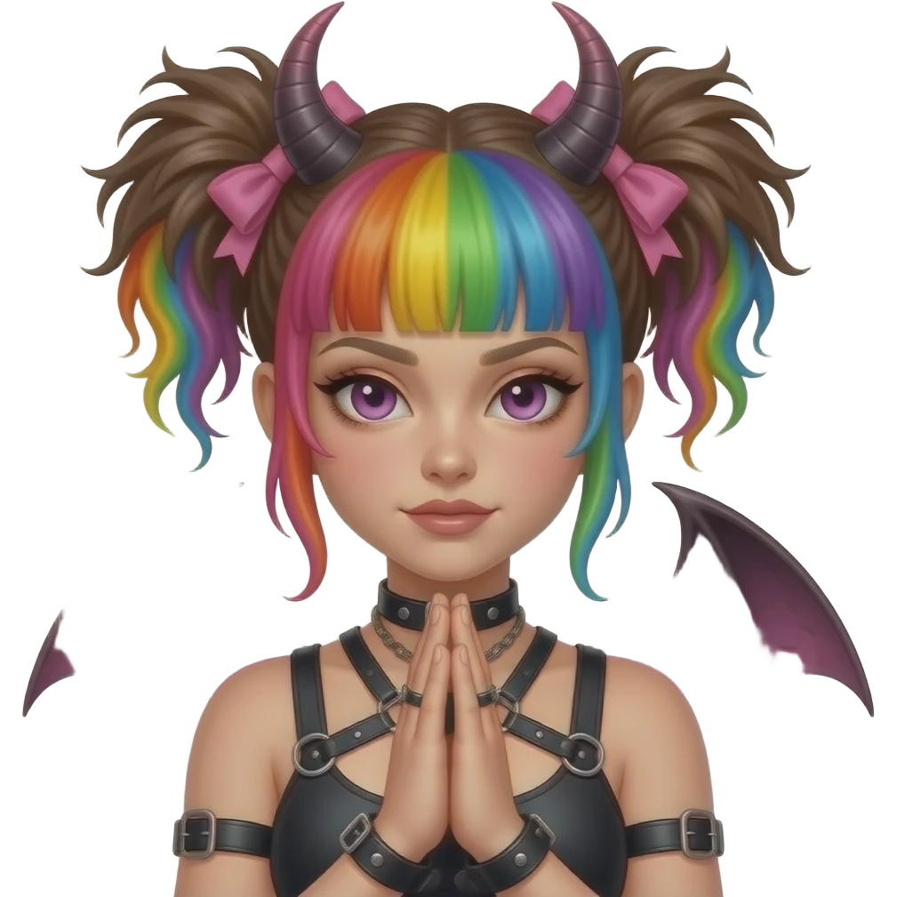 Baphomet babe with messy, washed-out rainbow dyed hair and overgrown brunette roots, styled into two matted, spiky, y2k/alt-fashion buns, styled with frilly girly pink hair bows and bondage restraints while saying a prayer to her dear lord and daddy Lucifer down below emoji