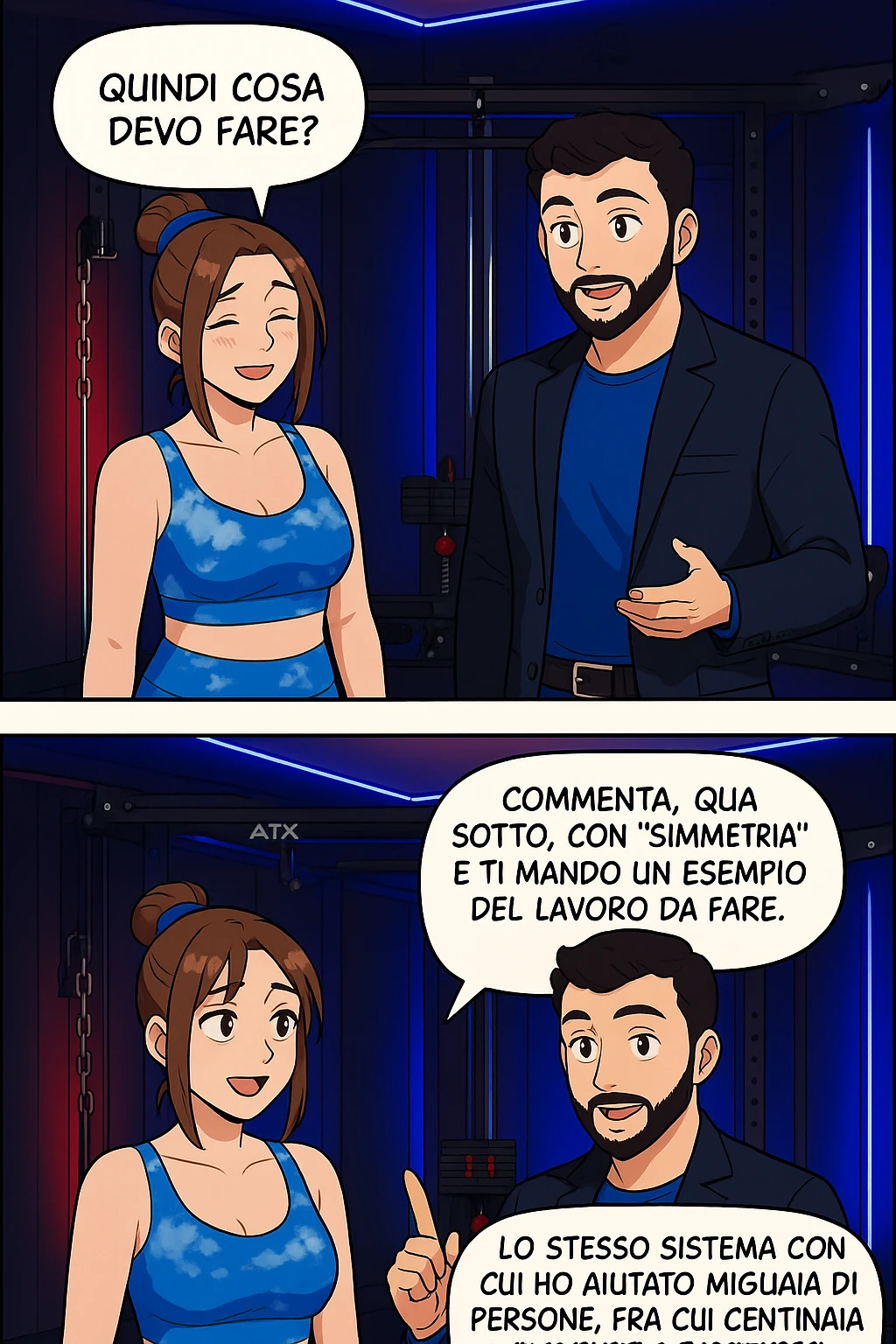 TRASFORMA QUESTO CAROSELLO IN UN FUMETTO STILE WEBTOON/MANGA A COLORI CON QUESTE DUE PERSONE IDENTICHE CHE INTERLOQUISCONO TRA LORO, LA DONNA SEMBRA SOLLEVATA/SODDISFATTA E CONTENTA:

LEI (DONNA): Quindi cosa devo fare?
LUI (UOMO): Commenta, qua sotto, con “simmetria” e ti mando un esempio del lavoro da fare. Lo stesso sistema con cui ho aiutato migliaia di persone, fra cui centinaia di donne a risolvere definitivamente gli inestetismi. emoji