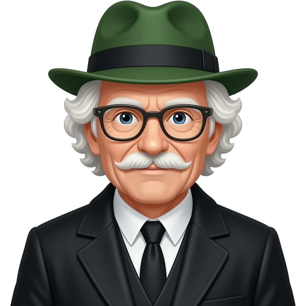 old man with curly white hairs wear glasses wear a blak coat and wear greeen hat emoji
