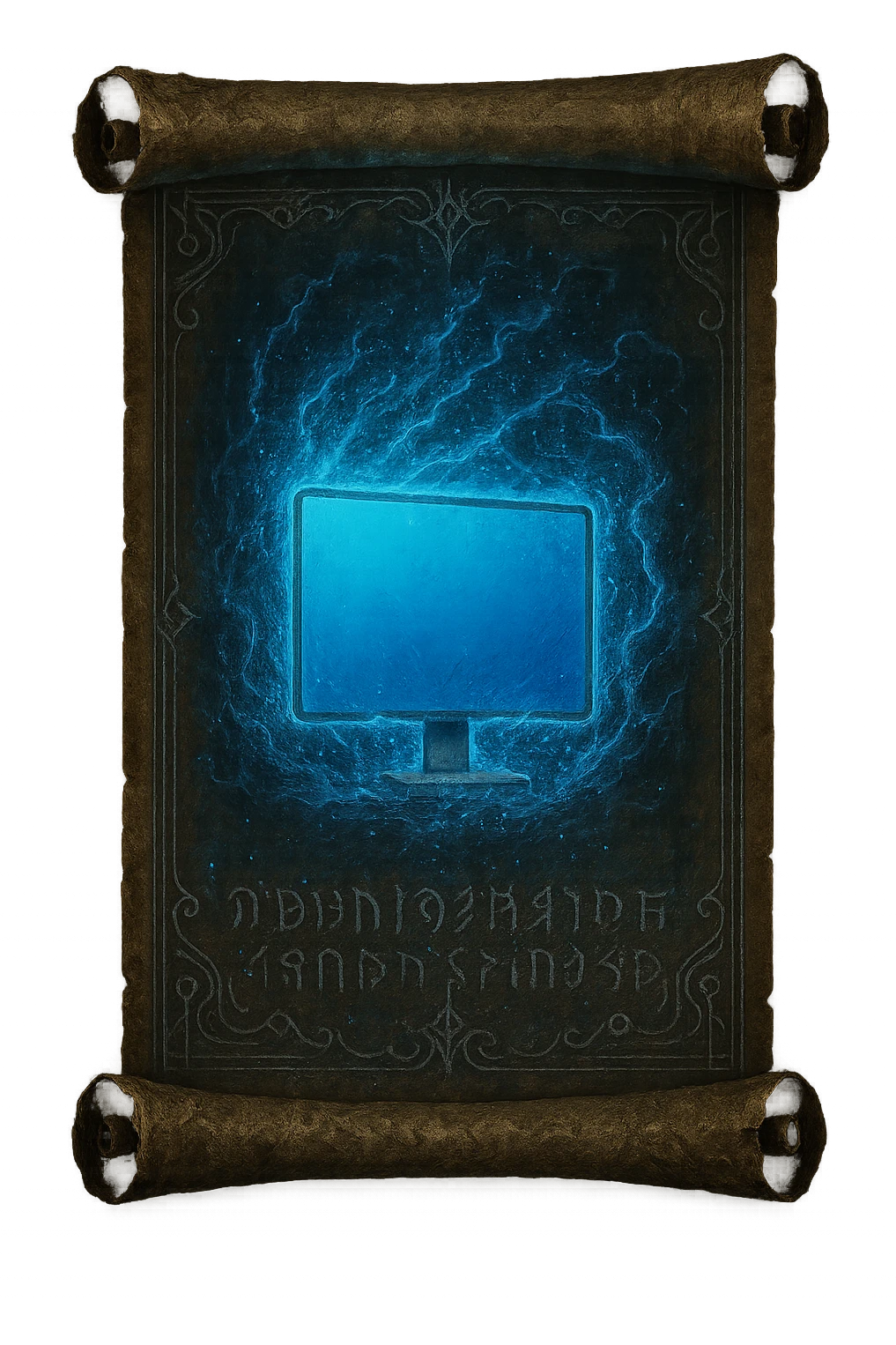 Edit the scroll in the style of Elden Ring glintstone sorcery spells with a glowing blue magical effect shaped like a computer monitor, referencing the Windows 11 'My PC' icon. Keep the scroll centered and the background fully transparent, matching the style and position of the original spells. emoji