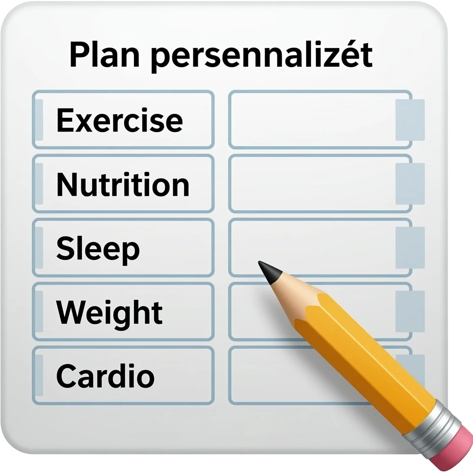 A gym workout plan, with a pencil in the corner and titled "Plan personnalisé" should clearly state the following: Exercice, Alimentation, Sommeil, Poids, Cardio. this is French emoji