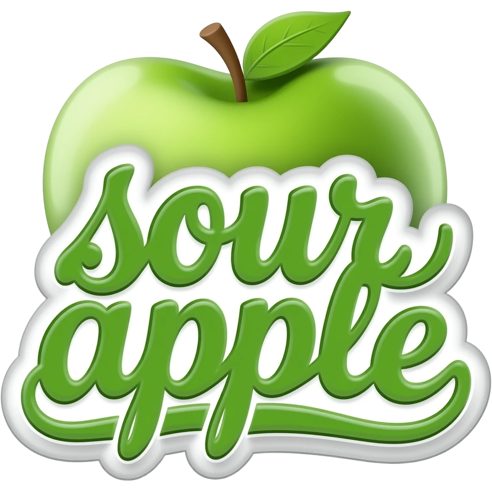 green calligraphic letters with a white border spelling "sourapple" over the letters is a heart-shaped green apple emoji