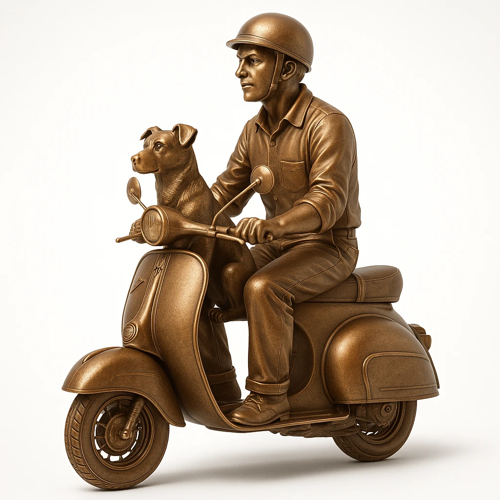 man and his pet dog riding a vespa emoji