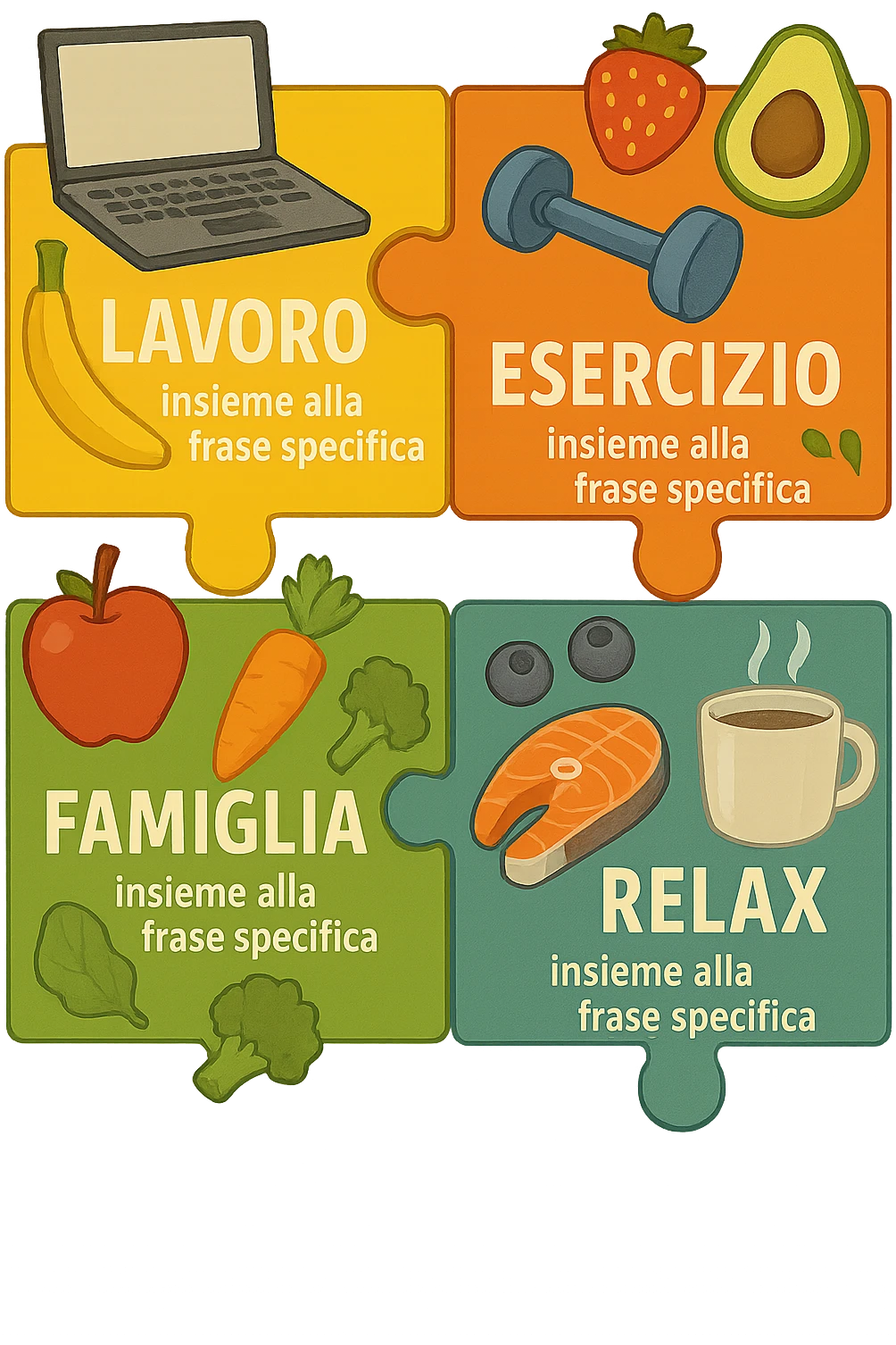 Puzzle (Lavoro, Esercizio, Famiglia, Relax), and healthy foods are integrated into each piece. in italiano emoji