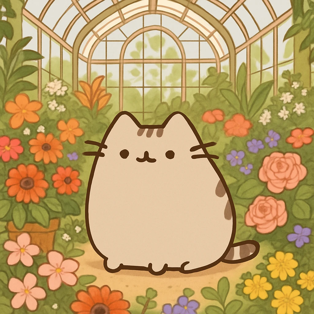 beige pusheen kitten in a botanical garden greenhouse filled with flowers emoji
