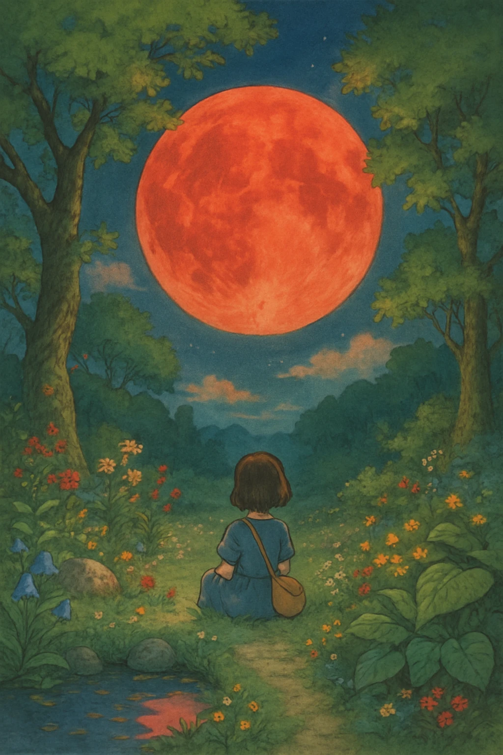 red moon, detailed, beautiful ghibli style illustration emoji