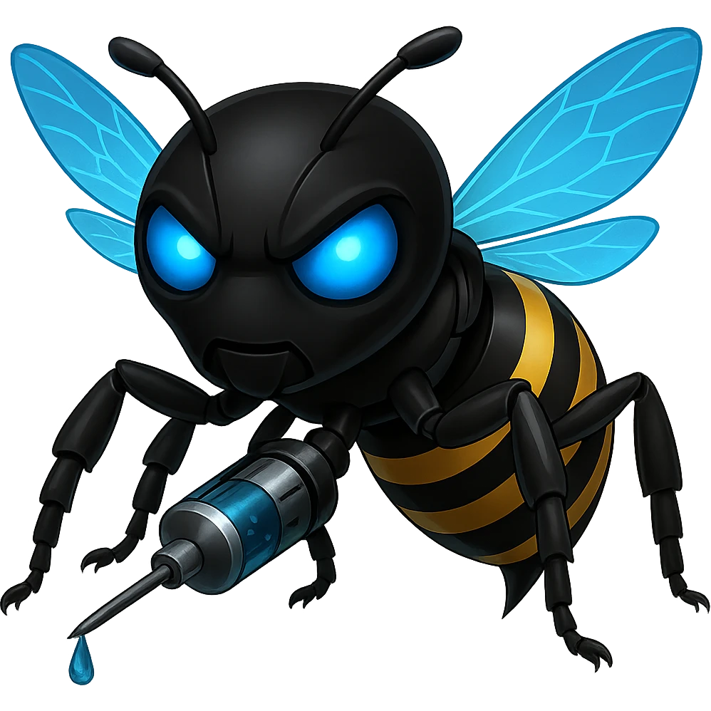 Create a menacing robotic bee with a black head and a syringe stinger, featuring blue translucent energy wings. The style should resemble apple style emojis with concise details and vibrant colors. emoji
