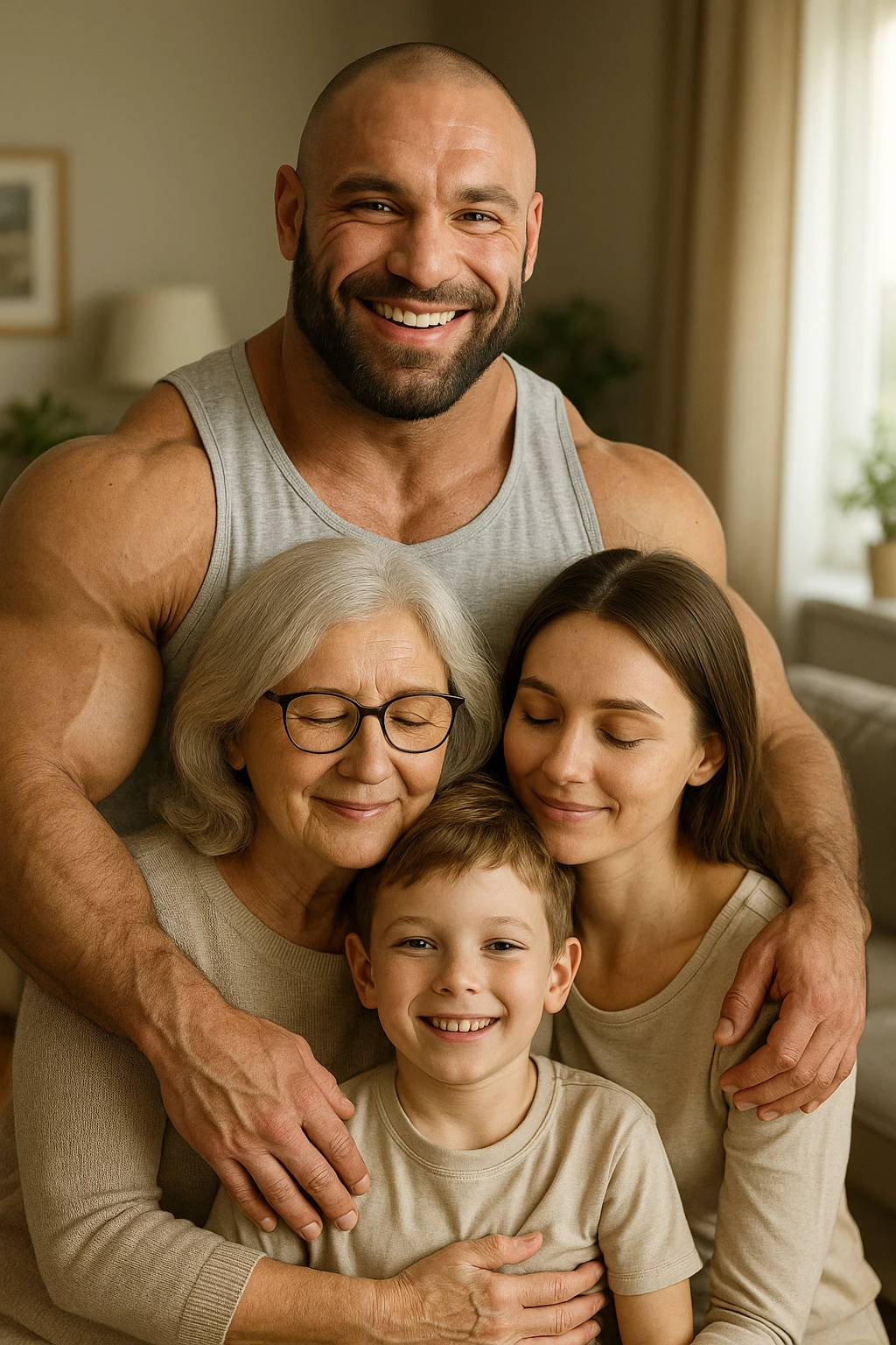 realistic vertical image of a bodybuilder in a family environment, embraced or close to loved ones, atmosphere of well-being and serenity, 2:3 aspect ratio emoji
