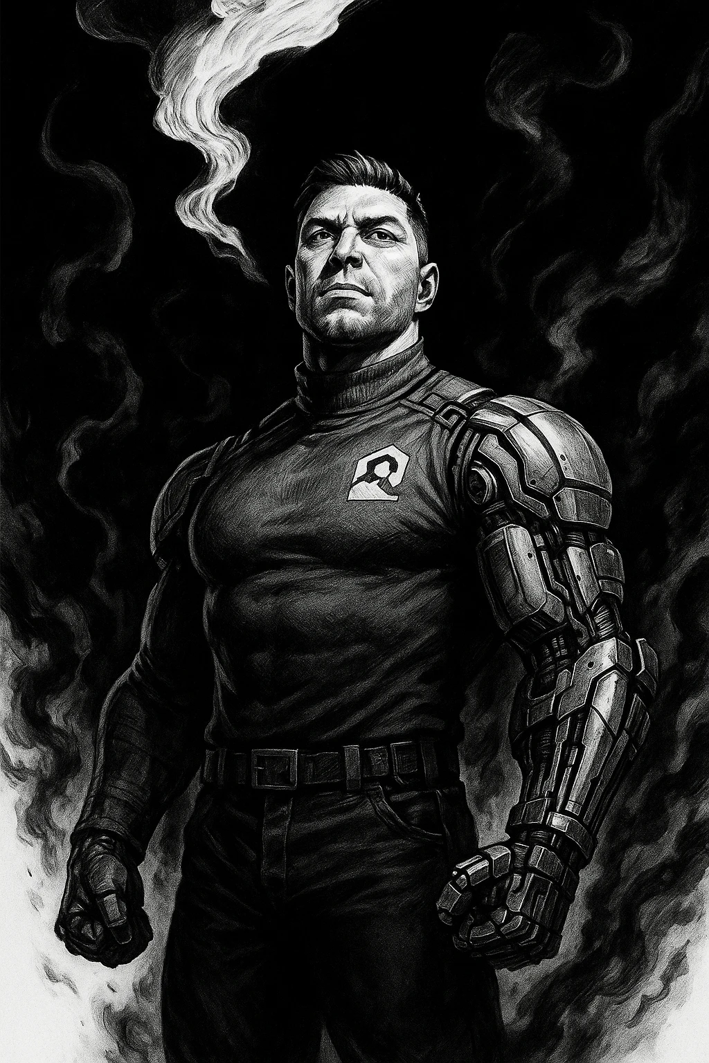 Black and white comic book panel of an extremely muscular Italian man with cybernetic implants standing in the dark, surrounded by smoke. He is wearing a long-sleeved shirt with a high collar, and his chest is sculpted. emoji