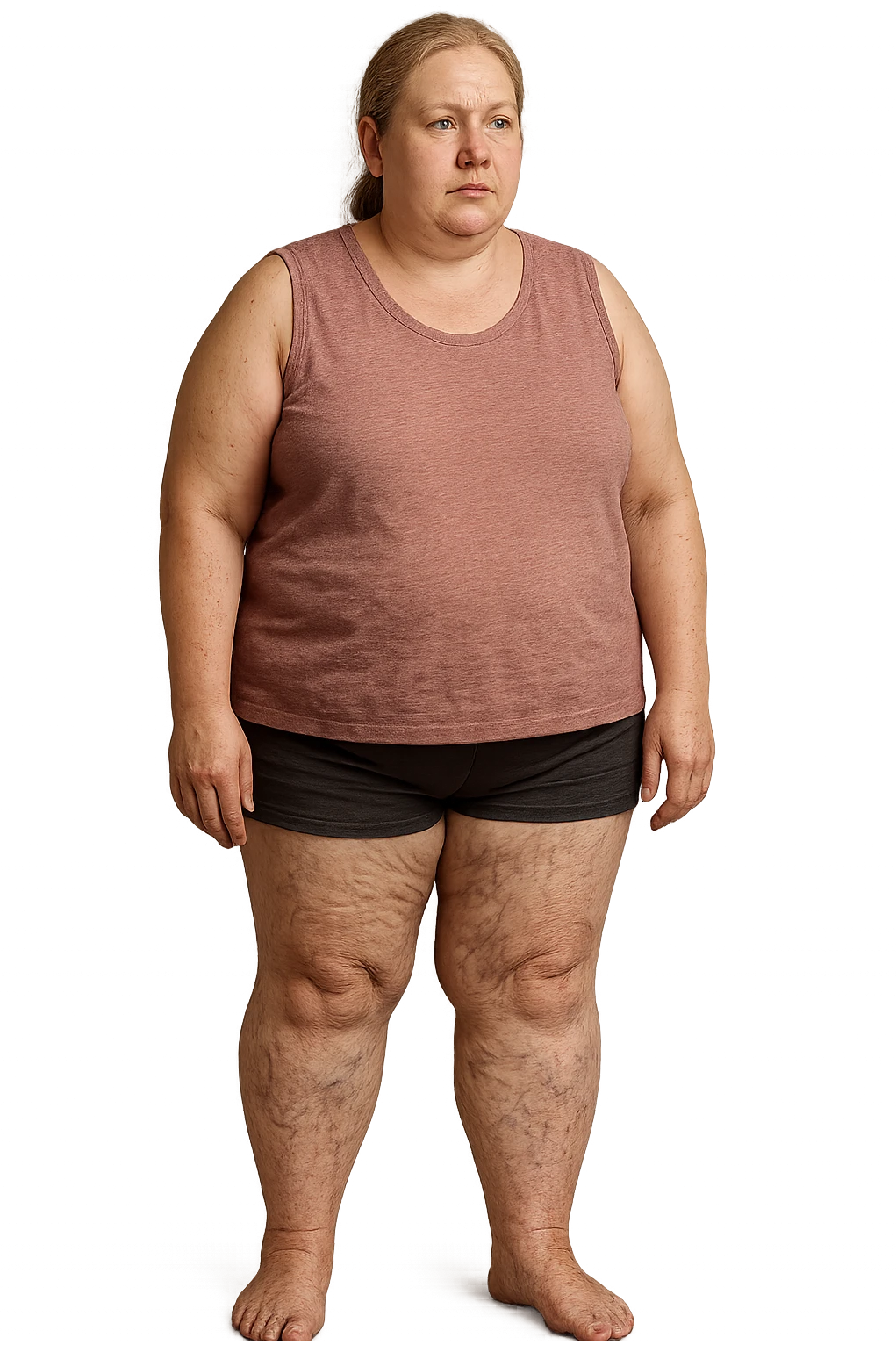 donna realistica leggermente in sovrappeso con vene visibili sulle gambe e gambe gonfie, iperrealistica 4k, IPERREALISTICA 4K emoji