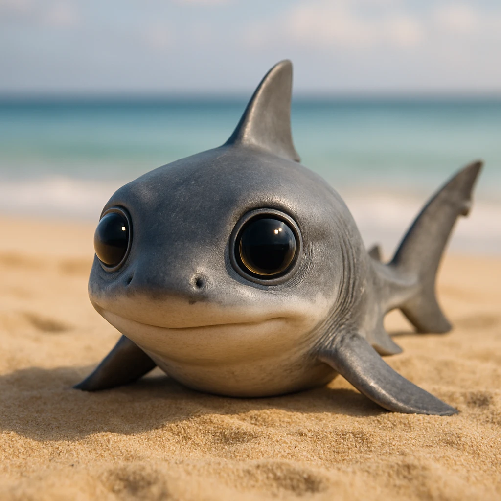 baby shark sitting on the sand, cute big eyes, photorealistic style emoji