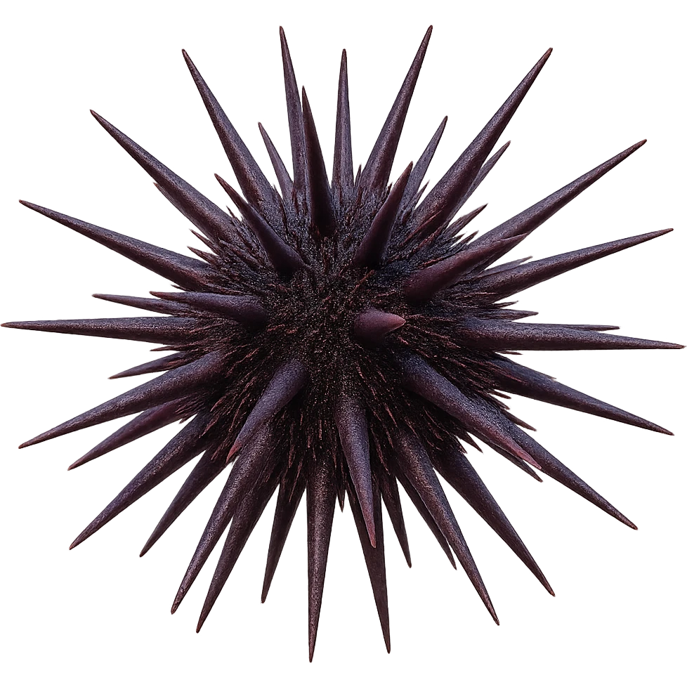 Add realistic purple and dark colors to the sea urchin, keep the dangerous spikes and realistic shape, with a transparent background. Maintain the natural and realistic appearance of the sea urchin's spikes and overall form. emoji