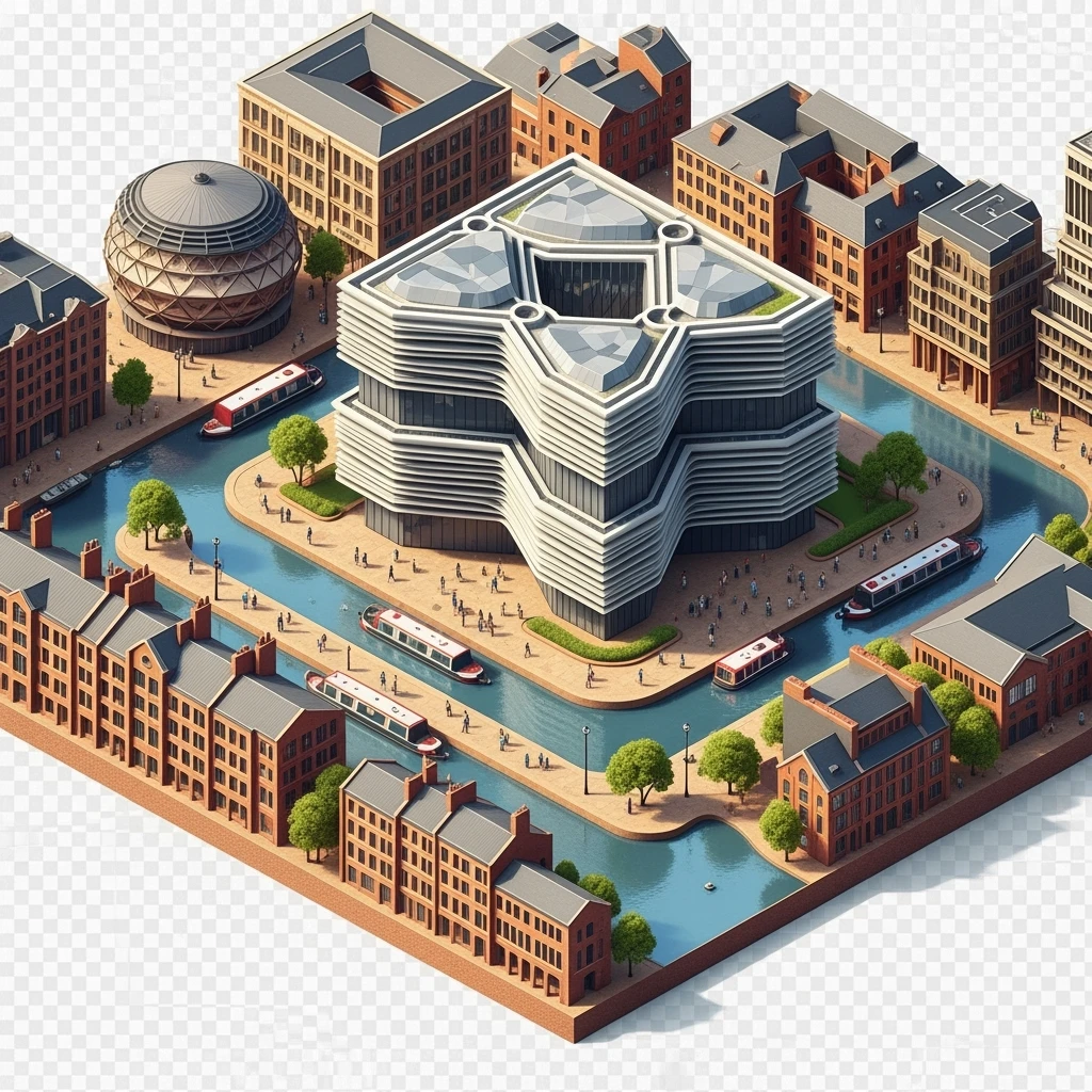 Isometric illustration of Birmingham, featuring the Library of Birmingham with its modern architecture and nearby canals, highly detailed in semi-realistic style, balanced between stylized and realistic, 3D miniature effect, transparent background. emoji