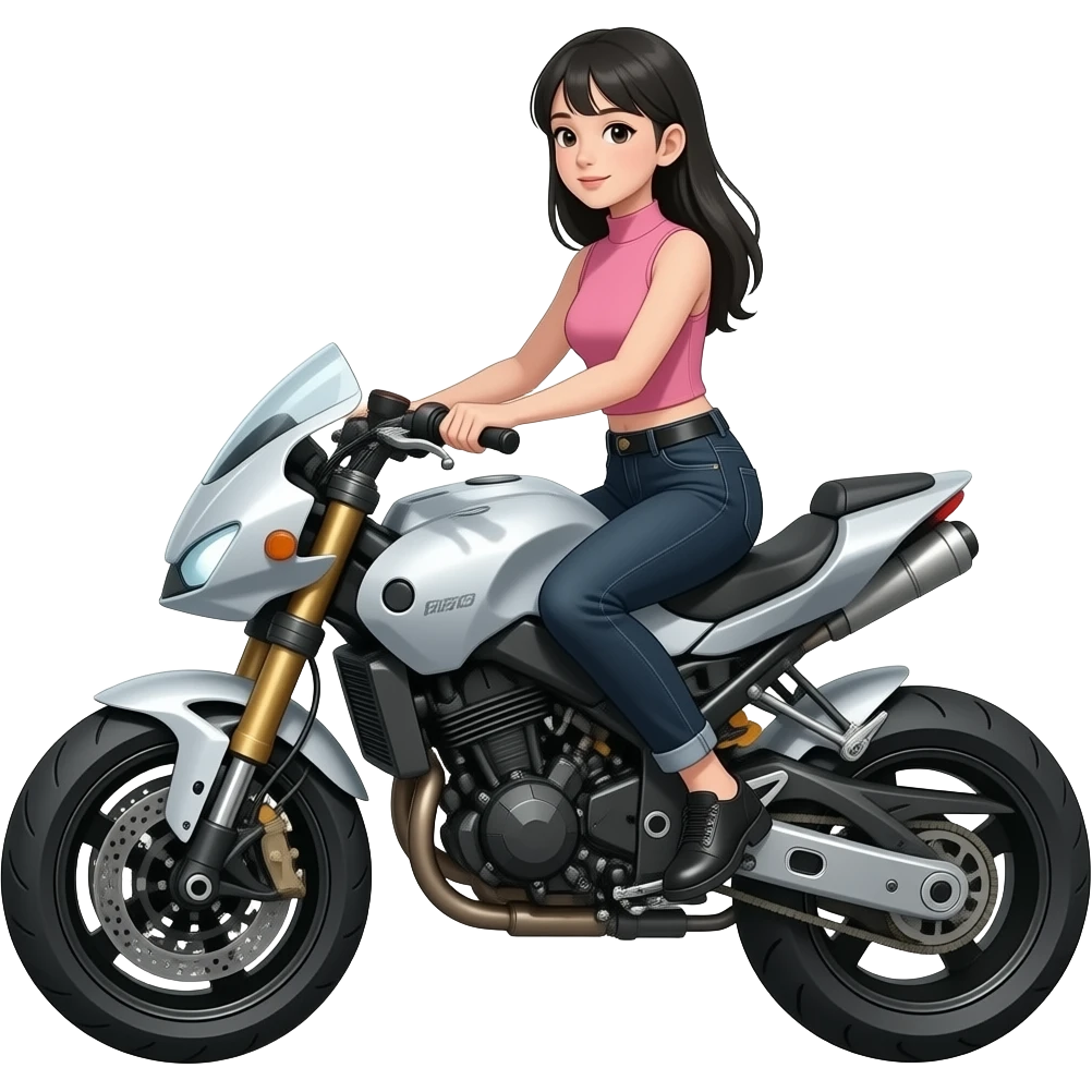 Teenage girl with long black hair wearing a pink sleeveless turtleneck top and long black jeans riding a giant robot emoji