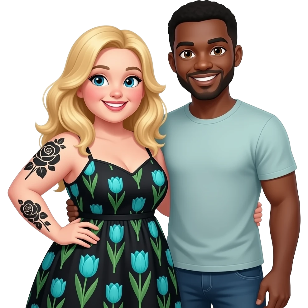 Plus size Blonde girl with blue eyes with black rose  tattoos arms sleeve on left arm and half way up right arm wearing a black summer dress with teal tulips and African American man with black hair with brown eyes  having fun together emoji