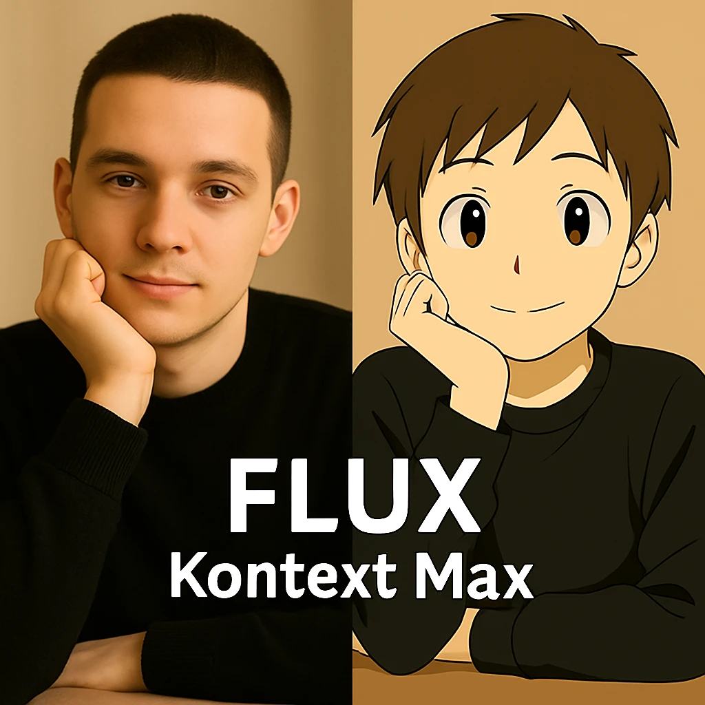 same similar image but chnage the text to "Flux Kontext Max", change people and pose too emoji