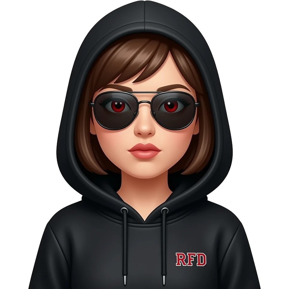 Woman in Black hoodie with red eyes initials RFD, hood up, wearing aviators pouting emoji