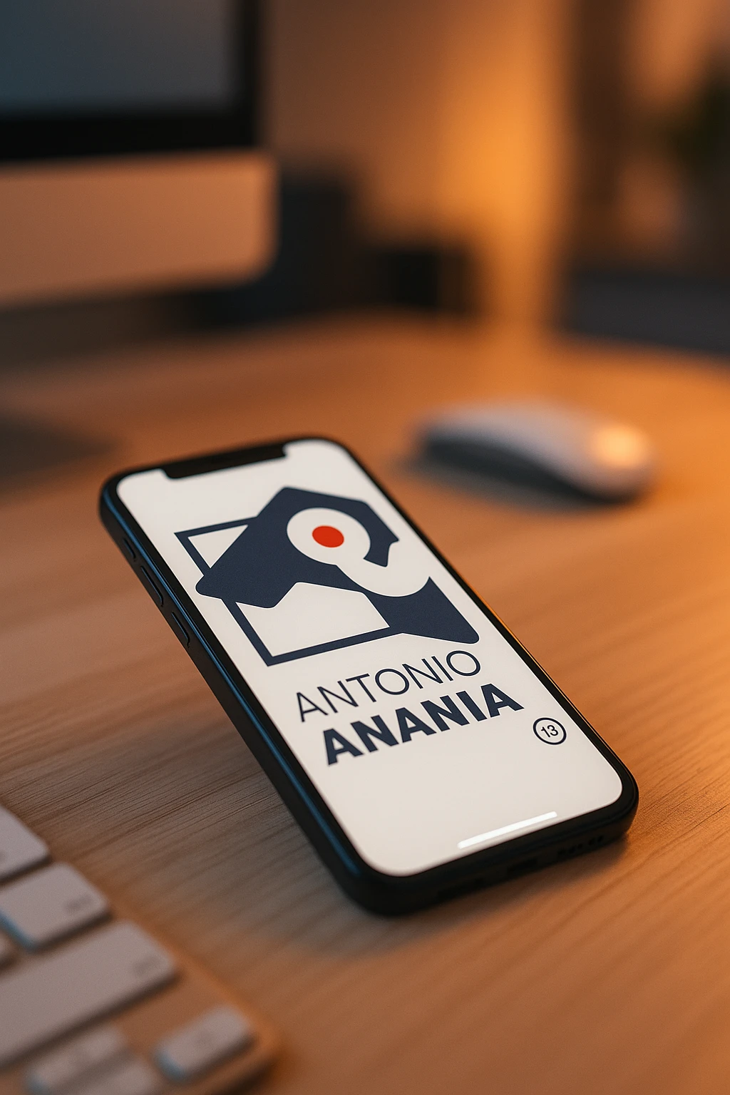 A photo of an iPhone on the desk with the logo of "Antonio Anania" on its screen, The phone sits atop a desk with a blurred with the logo in the background that suggests work environment. A faint glow from above casts gentle shadows across the surface of each object, creating depth and highlighting their textures emoji