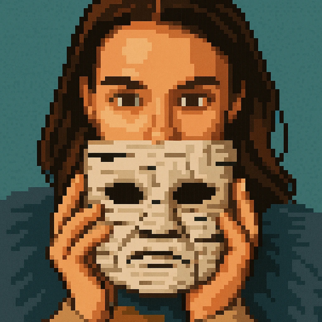 Create a pixel art style image of a woman holding a birch tree mask, inspired by the reference image. The style should reflect pixel art characteristics with clear pixelated details and colors. emoji