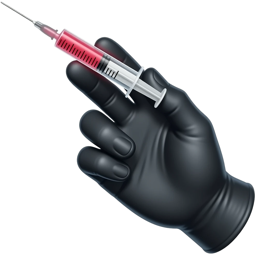 A gloved dainty male hand holding a syringe with glowing neon-red liquid inside. The glove is black but is dark-blue on the palm Side emoji