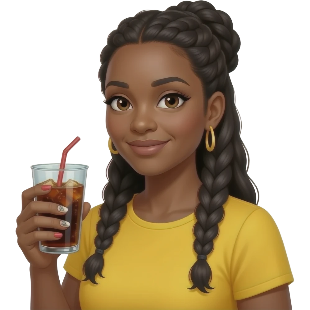 professional thick black woman in her 40s with long thin hair braids pulled some up some down wearing a yellow top and holding cup of soda- her nails are painted with a design emoji