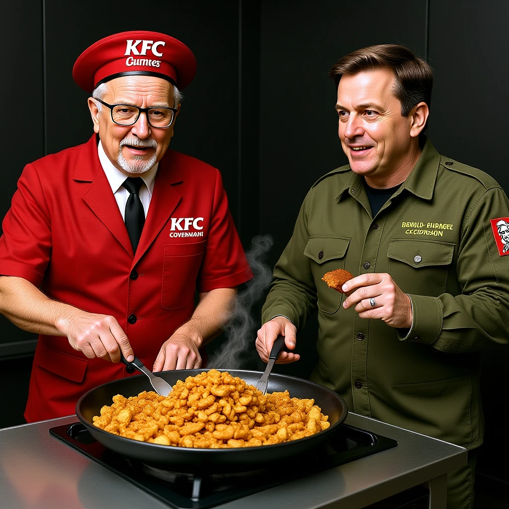 kentucky fried covenant from Halo:CE being cooked and taste tested by Colonel Sanders [aka the KFC man] and JOHN-117 MASTER CHIEF emoji