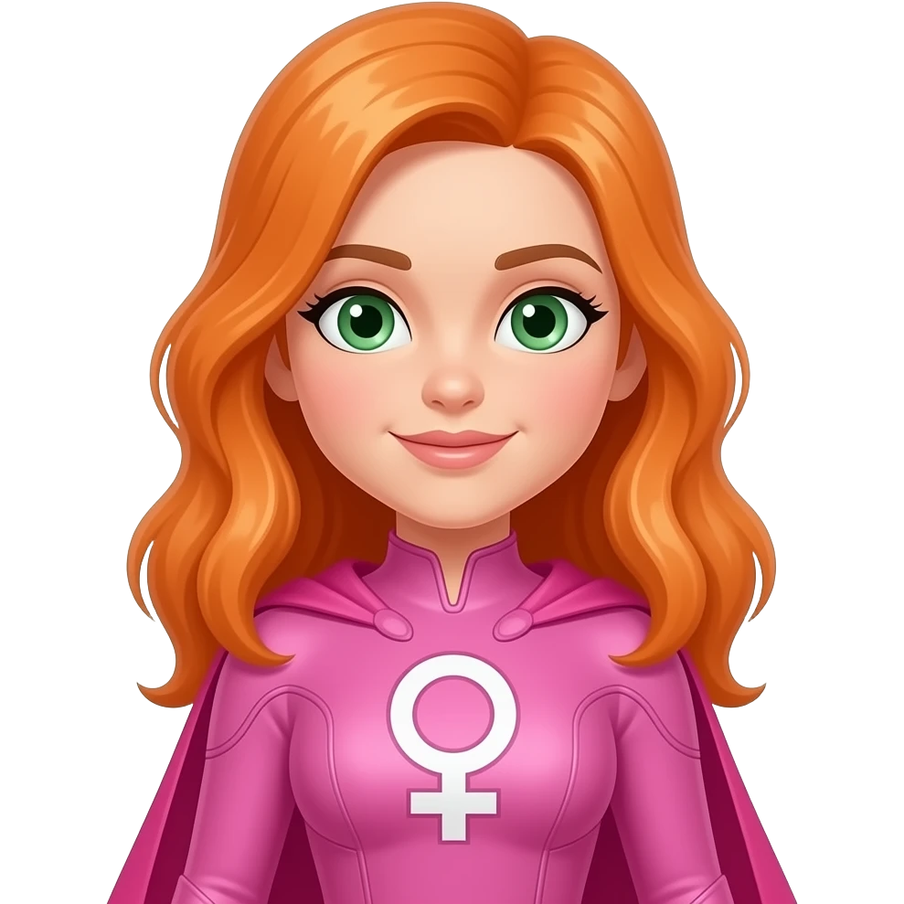 Teenage Superhero half body orange long hair green eyes beige skin pink hero suit, pink cape, symbol female sign crossed emoji