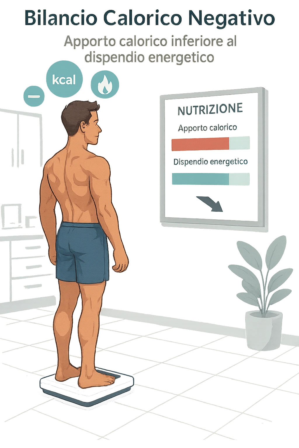 a man stands on a digital scale, looking at a nutrition chart that shows his daily calorie intake is lower than his energy expenditure. Floating icons above his head display a negative calorie balance, and his body appears slightly leaner, with visible muscle definition. The background is a modern clinic, emphasizing the concept of caloric deficit. scritto in italiano emoji